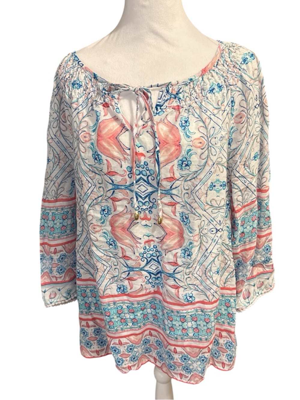 Charter Club Coral & Teal Printed Peasant Tunic 100 % Linen